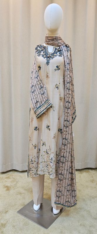 L-XL Sheelys fabric pure silk khaadi embroidered shirt with thread and dabka work with sheila  and trouser 3 PCs Set by
