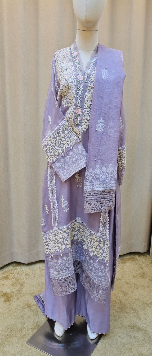 L-XL Sheelys fabric pure silk khaadi embroidered shirt with thread and dabka work with sheila  and trouser 3 PCs Set by