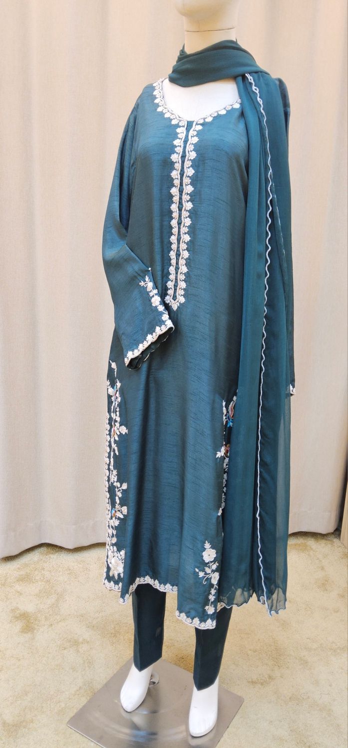 L-XL Sheelys fabric pure silk khaadi embroidered shirt with thread and dabka work with sheila  and trouser 3 PCs Set by