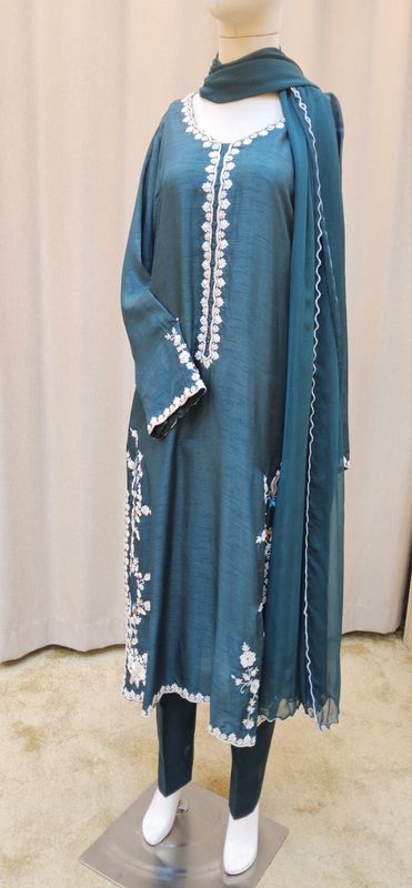 L-XL Sheelys fabric pure silk khaadi embroidered shirt with thread and dabka work with sheila  and trouser 3 PCs Set by