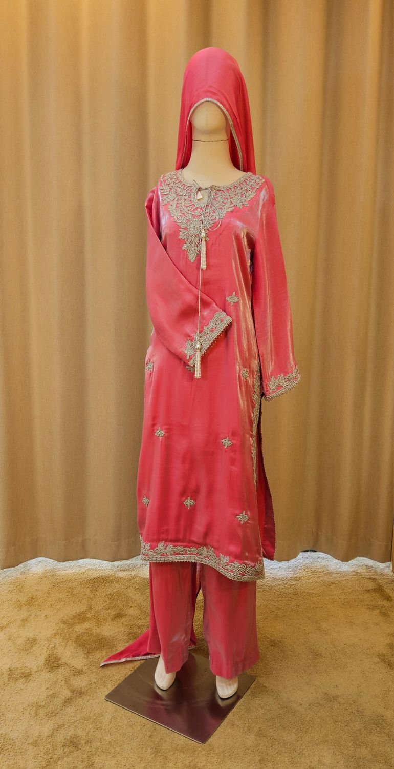 L Size Tehmina Jillani Pink Pure Sheesha Silk Jalabiya With Embroidery Length 55"