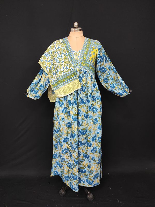 S-M Faida Printed Cotton Dress 57" Long Jalabiya With Sheila JP