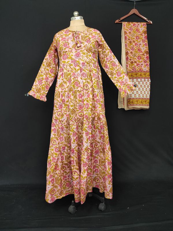XS-S Razia Cotton Printed Dress 54" Long Jalabiya With Sheila JP