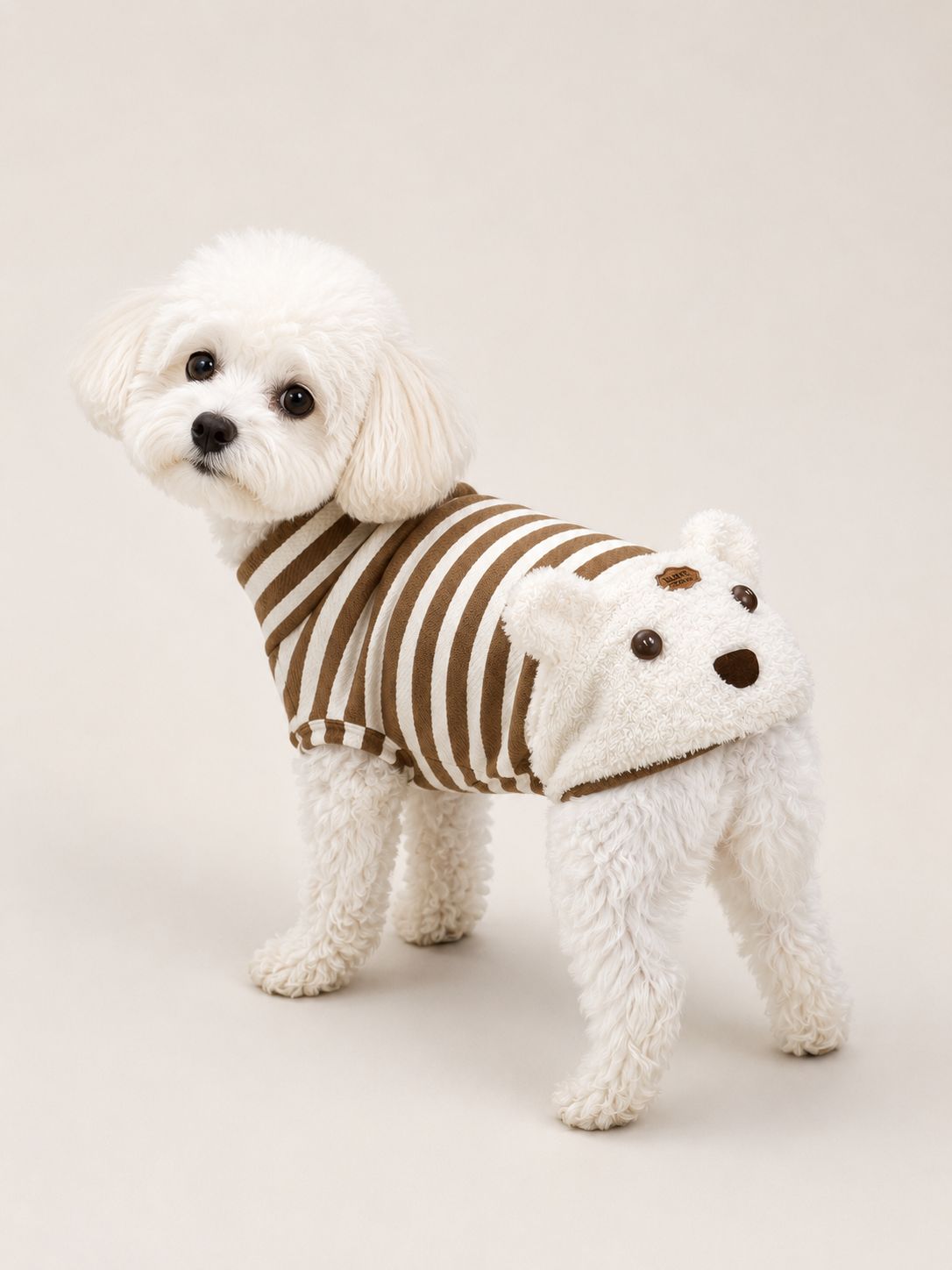 Puff Brown &amp; Cream Striped Dog Sweater with Bear Detail | B.live