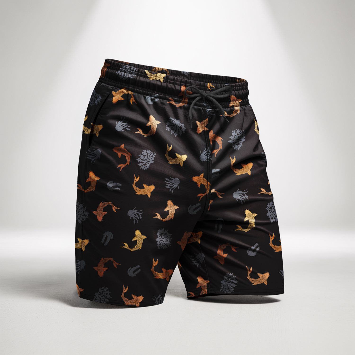 Happy Fish Printed Shorts in Tactel Fabric - Black