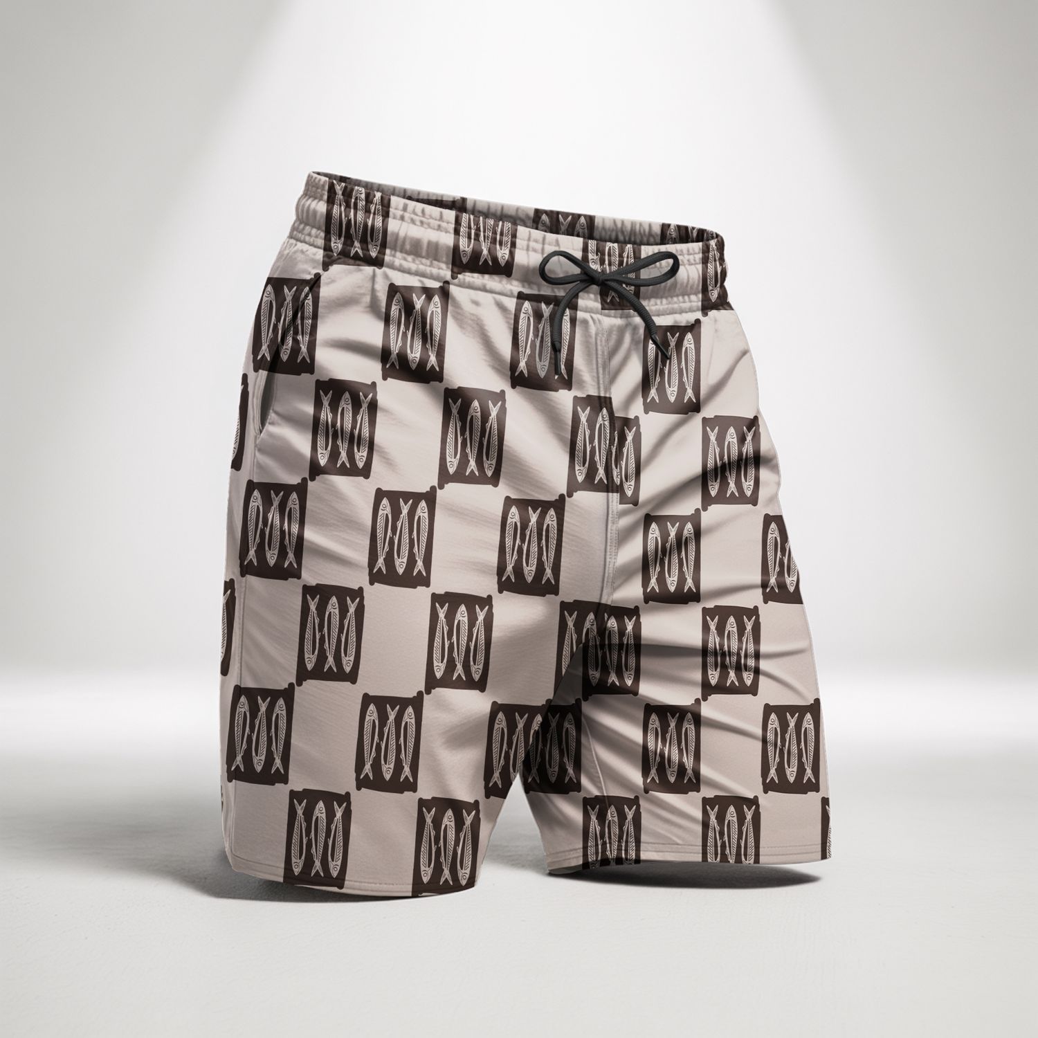 Printed Fish Shorts in Tactel Fabric - Brown