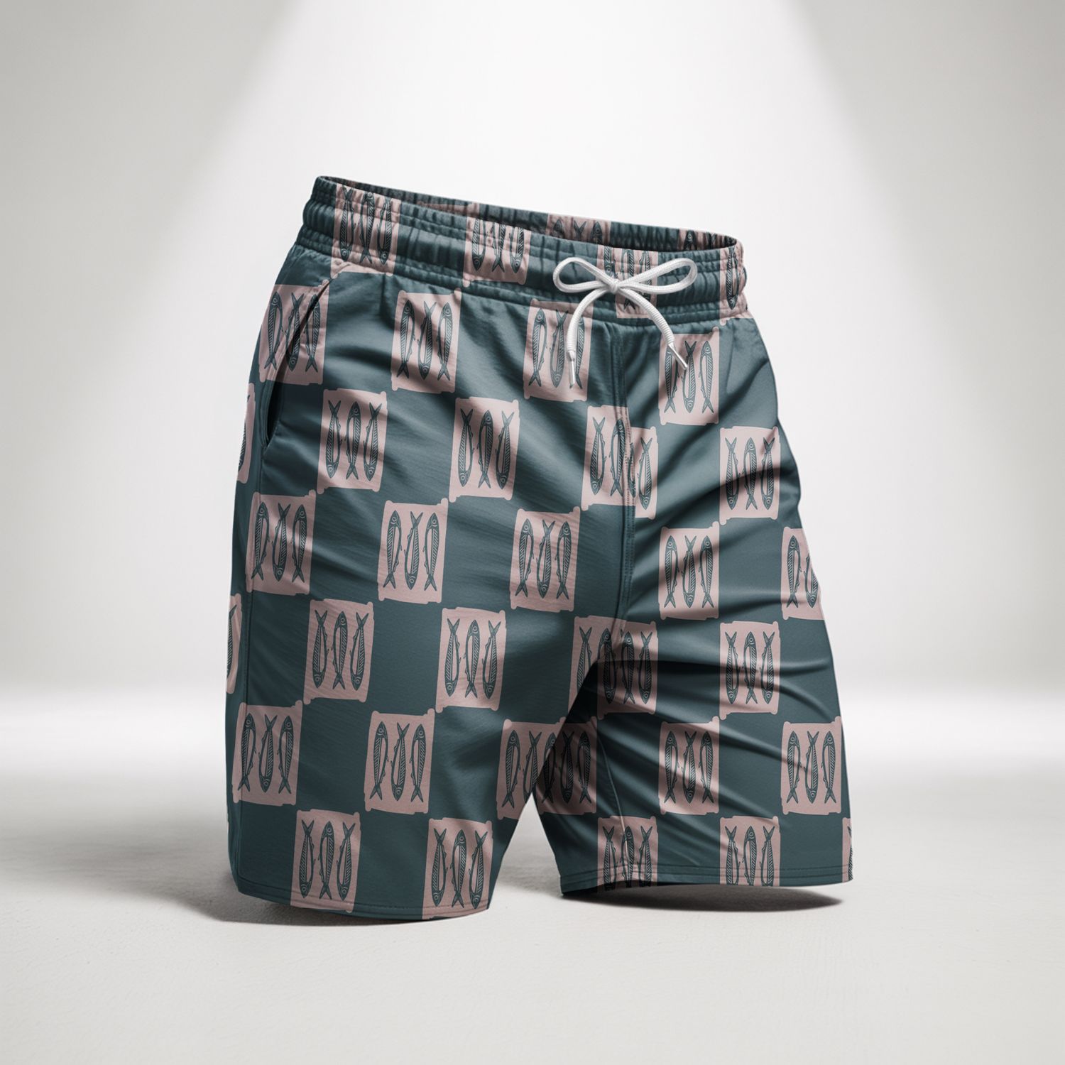 Printed Fish Shorts in Tactel Fabric - Green