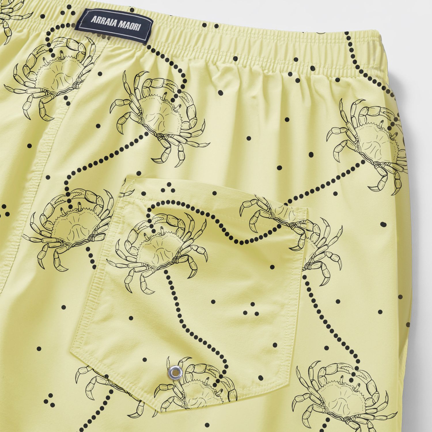 Crab Printed Beach Shorts — Yellow