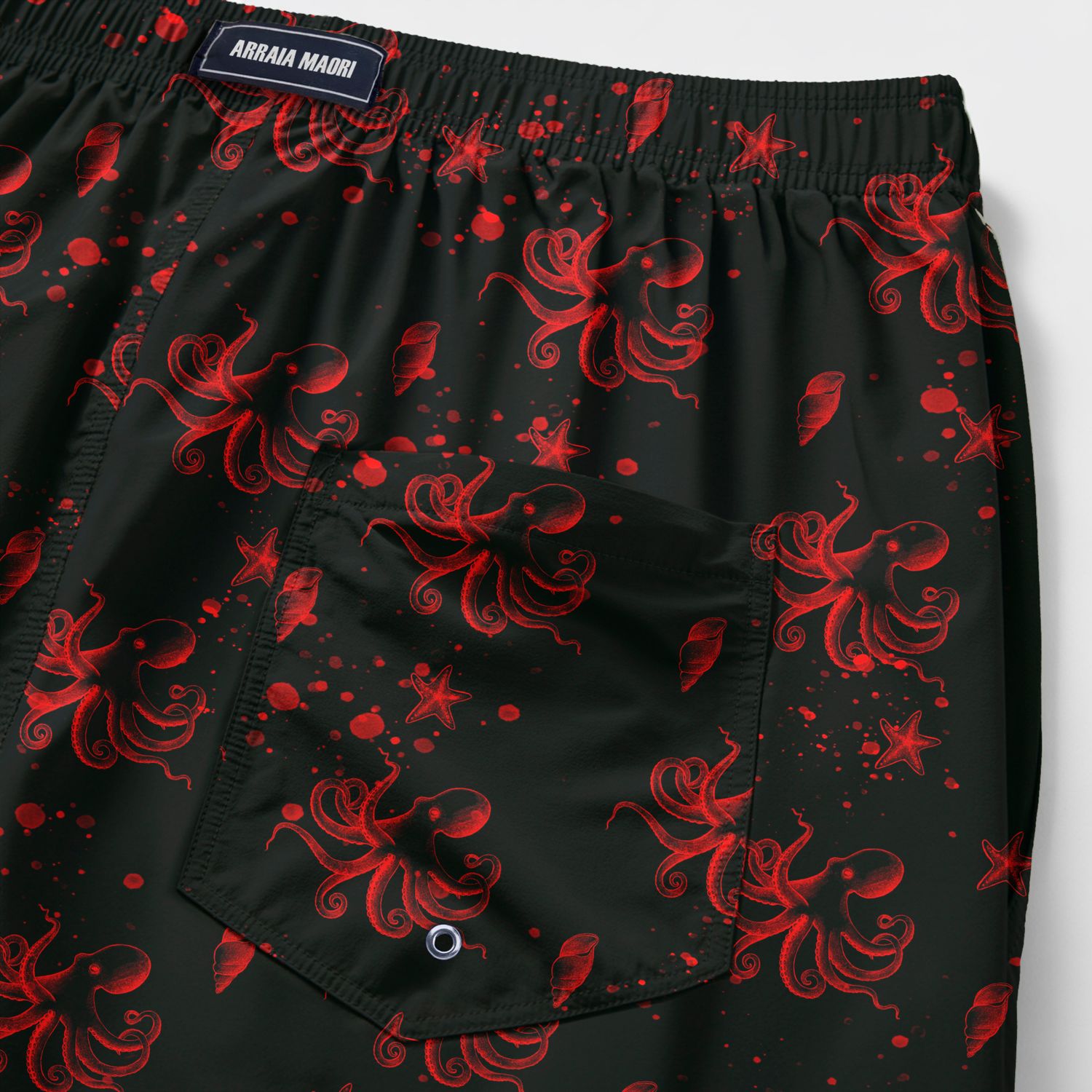 Octopus Printed Beach Shorts — Black/Red