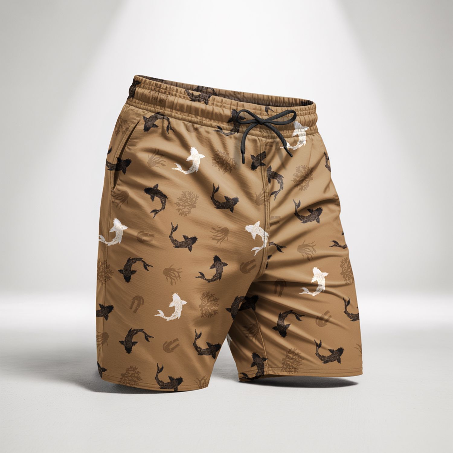 Happy Fish Printed Shorts in Tactel Fabric - Caki