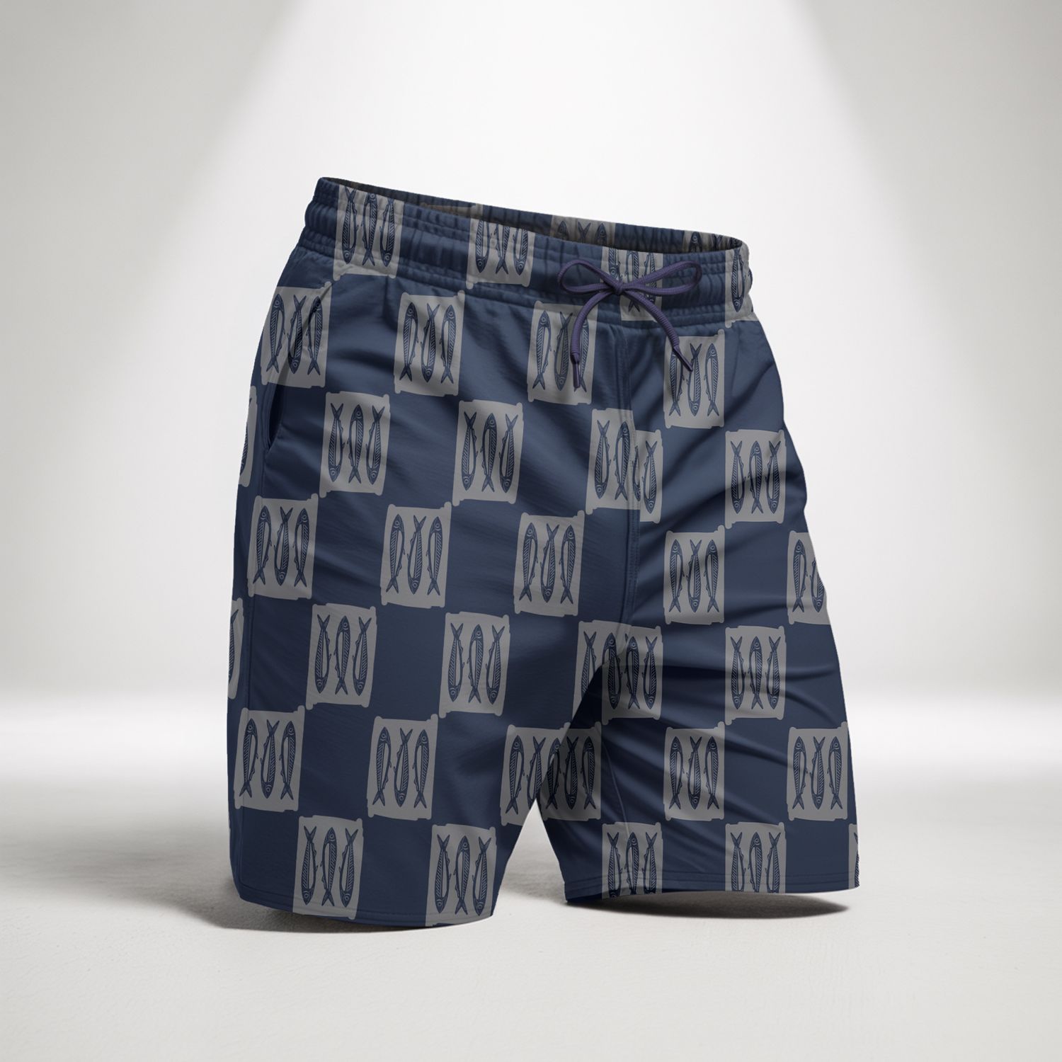 Printed Fish Shorts in Tactel Fabric- Navy