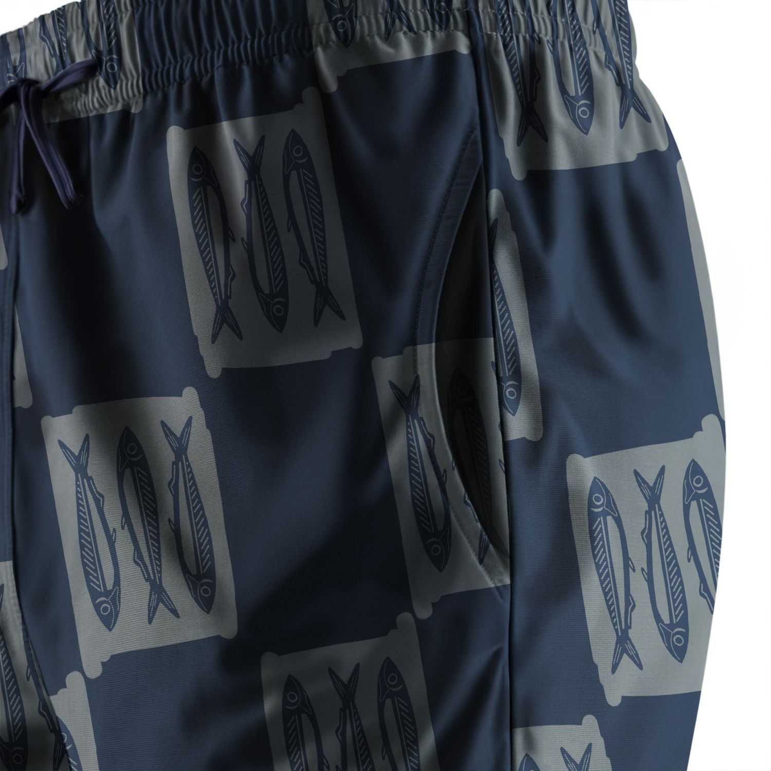 Fish Printed Beach Shorts — Navy