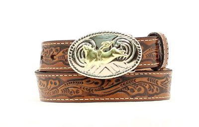 N4410402 NOCONA YOUTH FLORAL EMBOSSED BELT WITH BULLRIDE BUCKLE