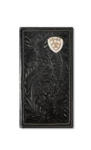 A3559701 Ariat Mens Rodeo Style Wallet Floral Embossed Shield Black