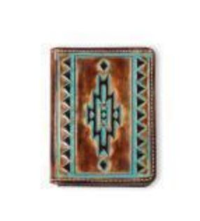 A3560102 Ariat Mens Bifold Flip Style Wallet Turquoise Outline Southwestern Brown