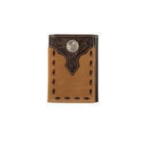N500045908 Nocona Mens Trifold Style Wallet Floral Overlay Roughout Tan