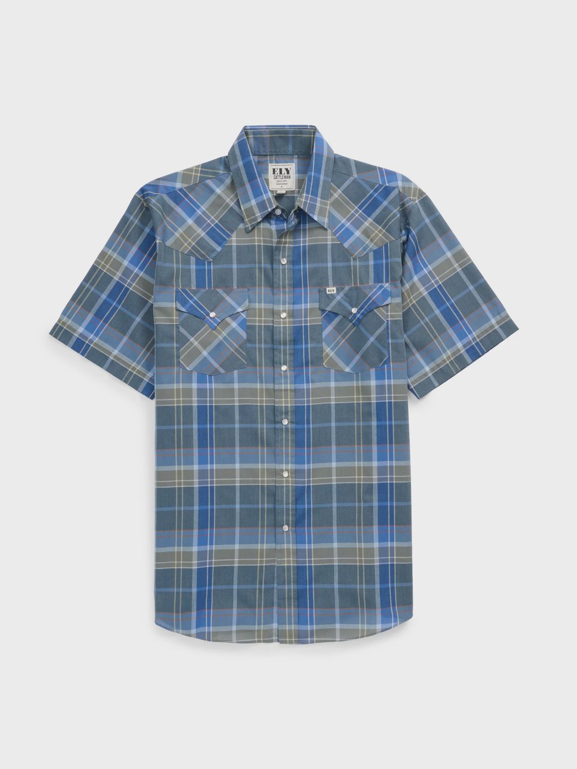 E6S2026318 Ely Cattleman Short Sleeve Navy Plaid Western Snap Shirt