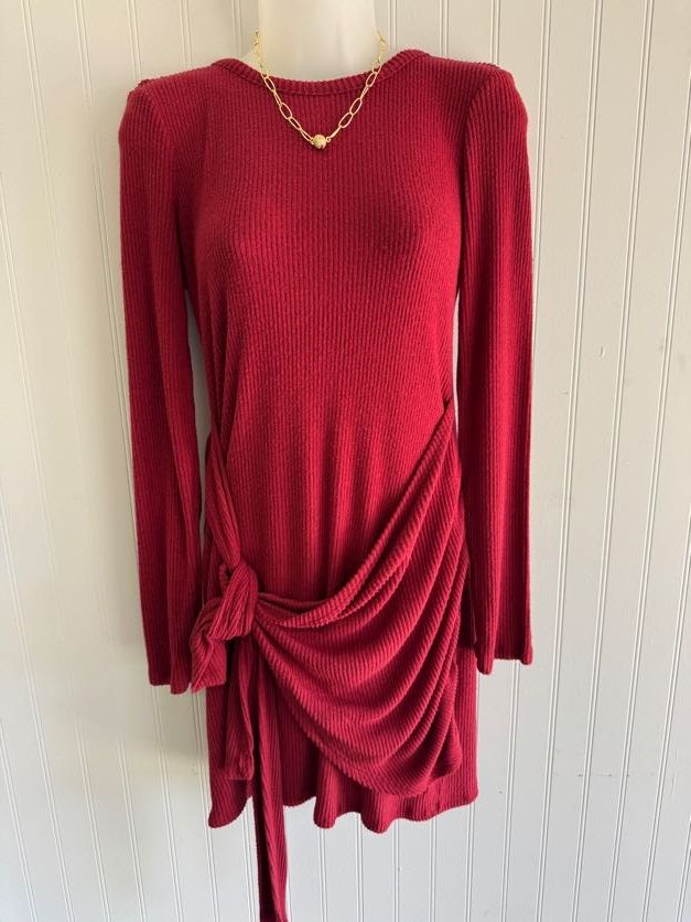 Long Sleeve Wrap Tie Dress Burgundy