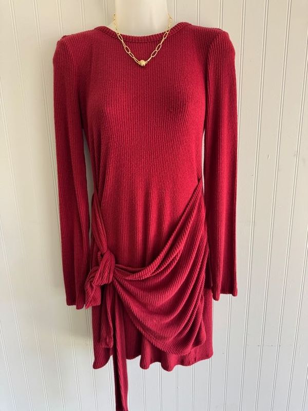Long Sleeve Wrap Tie Dress Burgundy