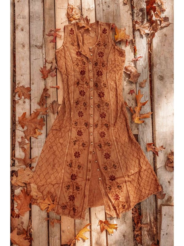 Bohemian Cottage Core Embroidered Button Down Dress - Tan/Copper