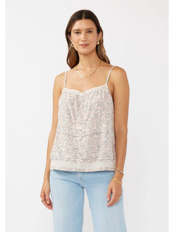 Lace-Trimmed Button Down Floral Spaghetti Tank