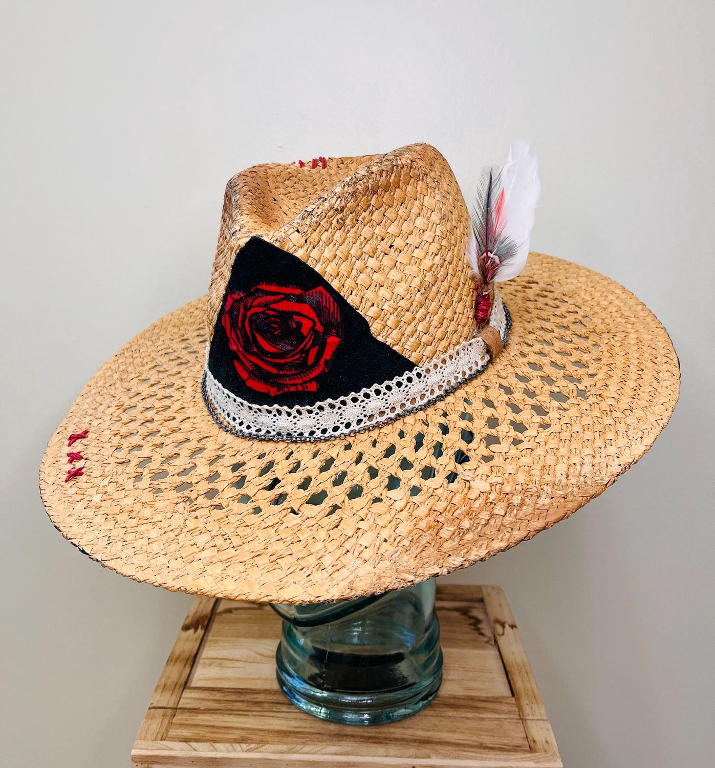 Woven Hat Rose and Feather