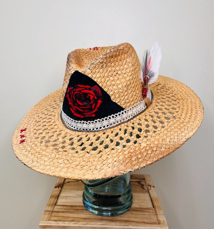 Woven Hat Rose and Feather