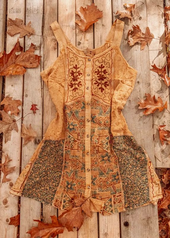 Bohemian Cottage Core Embroidered Mini Patchwork Dress - Tan/Copper