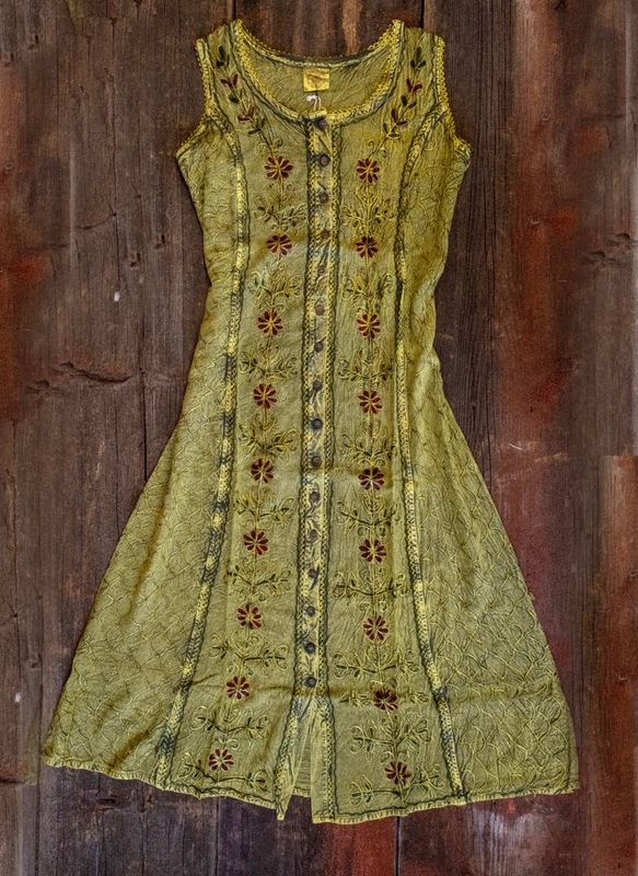 Bohemian Cottage Core Embroidered Button Down Dress - Green/Chartruese