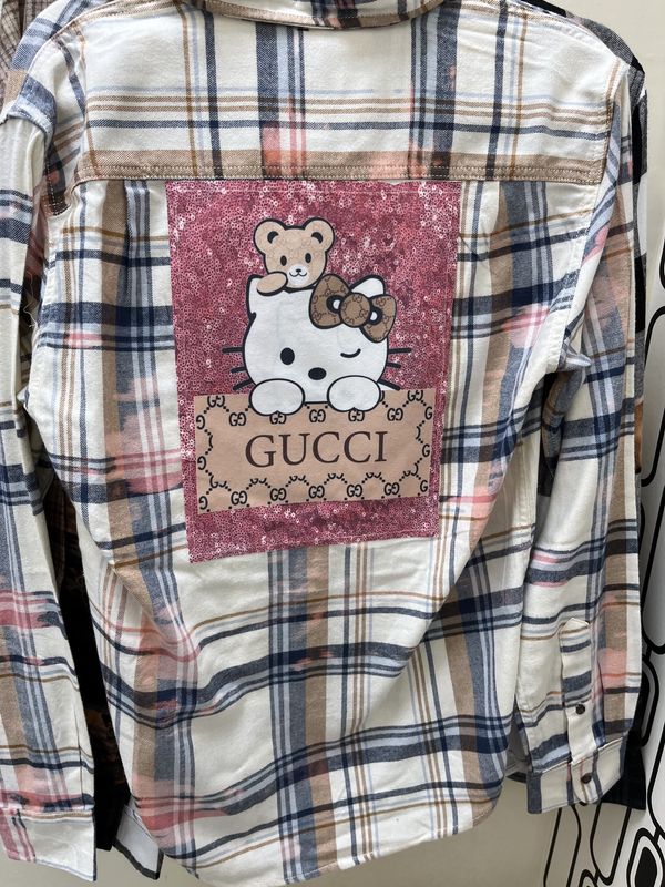 Flannel Shirt - Distressed - Pink/Blue w/ Sublimation Kitty