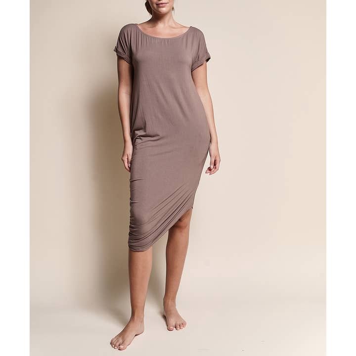 Bamboo Asymmetric Dolman Sleeve Dress with Pockets-Mocha