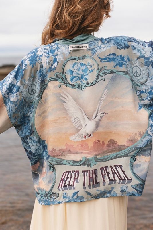 Peace Out Cropped Kimono Pixie Duster with Doves and Sunrise