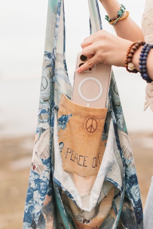Peace Out Turquoise Linen Tote Bag with Doves and Sunrise