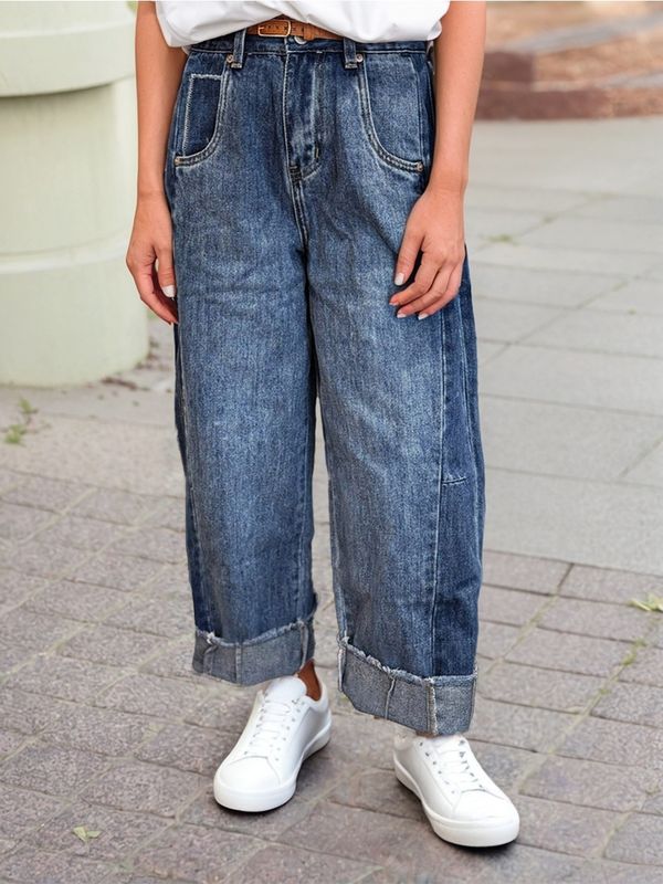 Stitched Raw Hem Wide Leg Loose Jeans