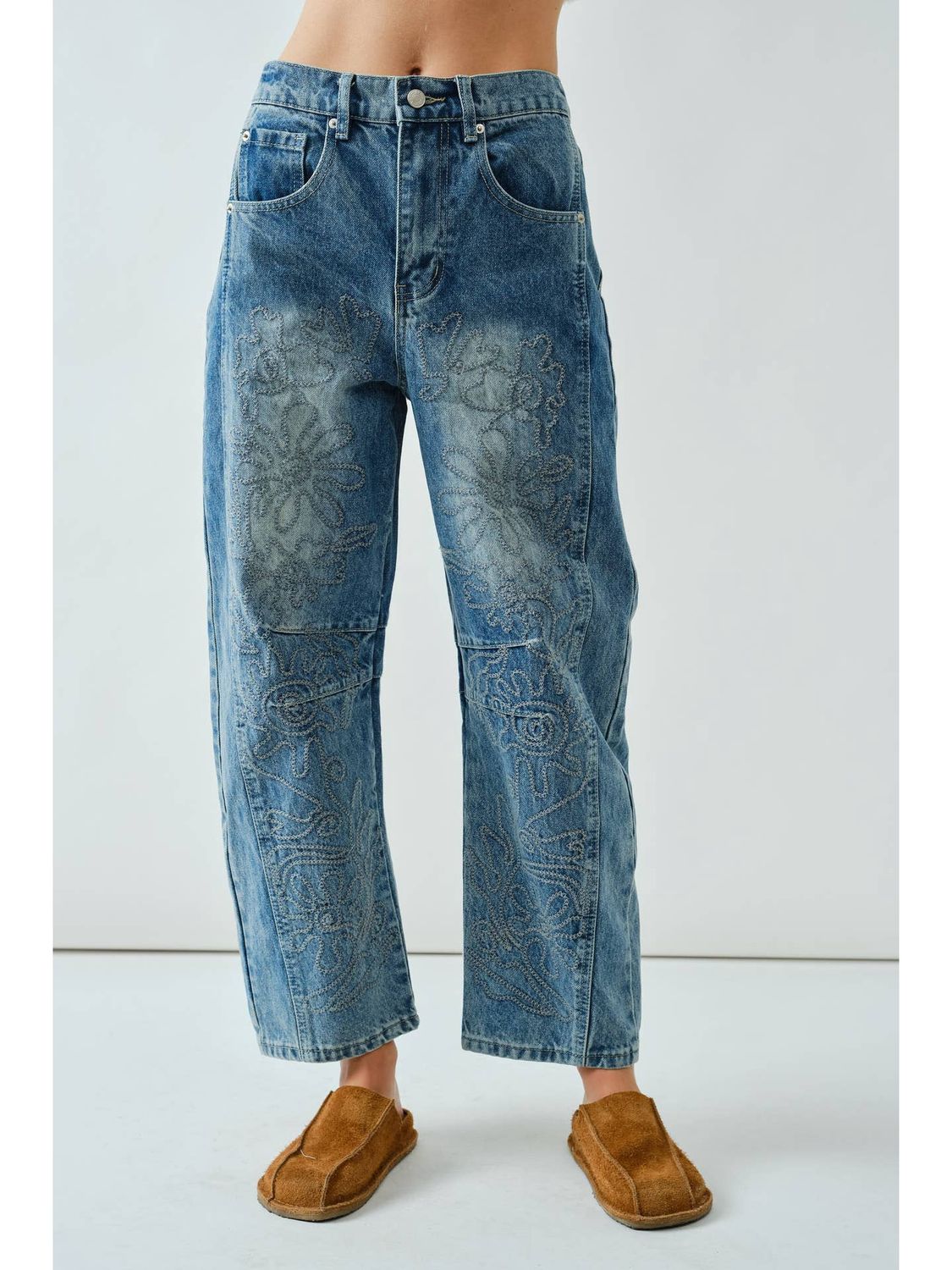 Embroidered Cotton Barrel Pants
