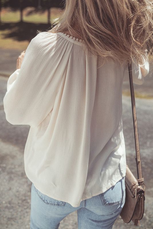 Floral Embroidered Textured Spring Puff Sleeve Loose Shirt