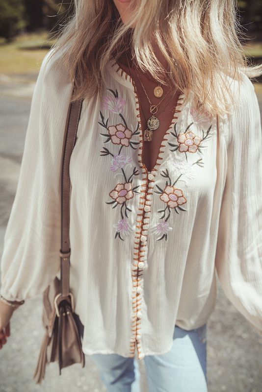Floral Embroidered Textured Spring Puff Sleeve Loose Shirt