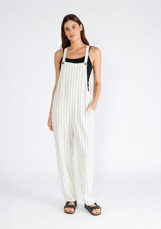 Yarn Dye Striped Button Strap Overall