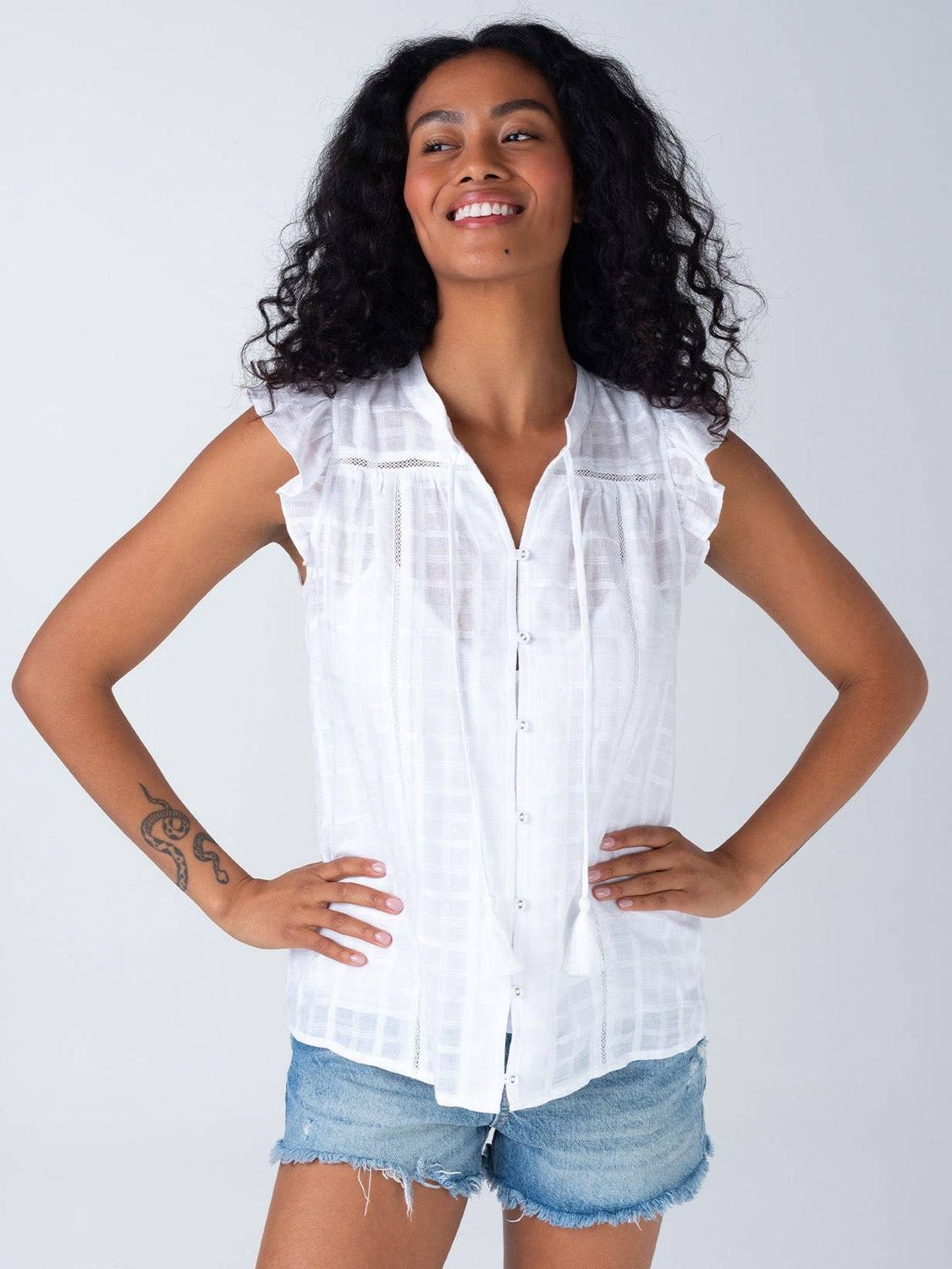 Gingham Sheer Flutter Sleeve Button Down Blouse