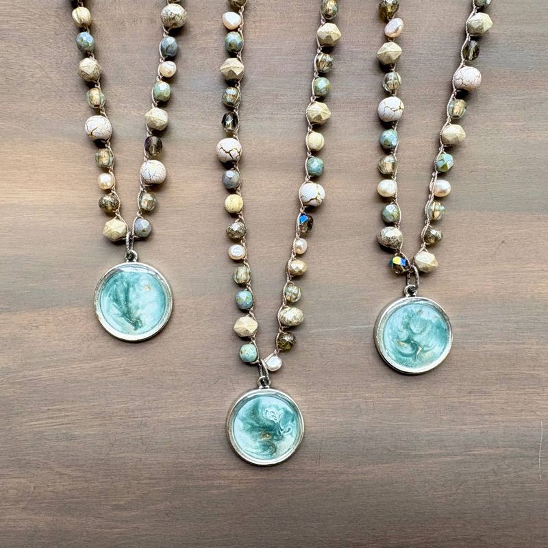 Sandy Beach Path Crocheted Portal Necklace with Freshwater Pearls