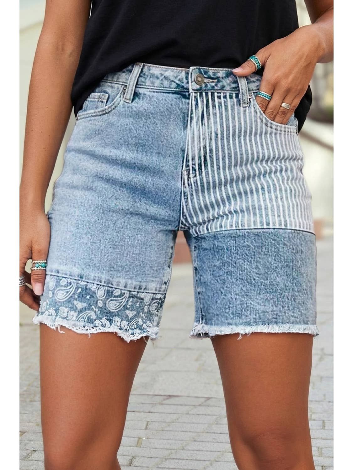 Striped Paisley Mixed Patchwork Raw Hem Stretch Denim Shorts