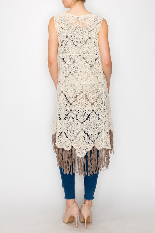 High Low Crochet Vest with Faux Suede Fringe