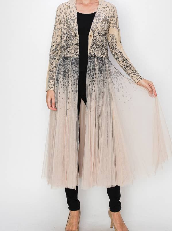 Longline Blazer Jacket with Mesh Tulle Panel