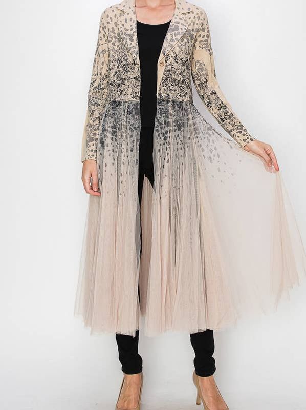 Longline Blazer Jacket with Mesh Tulle Panel