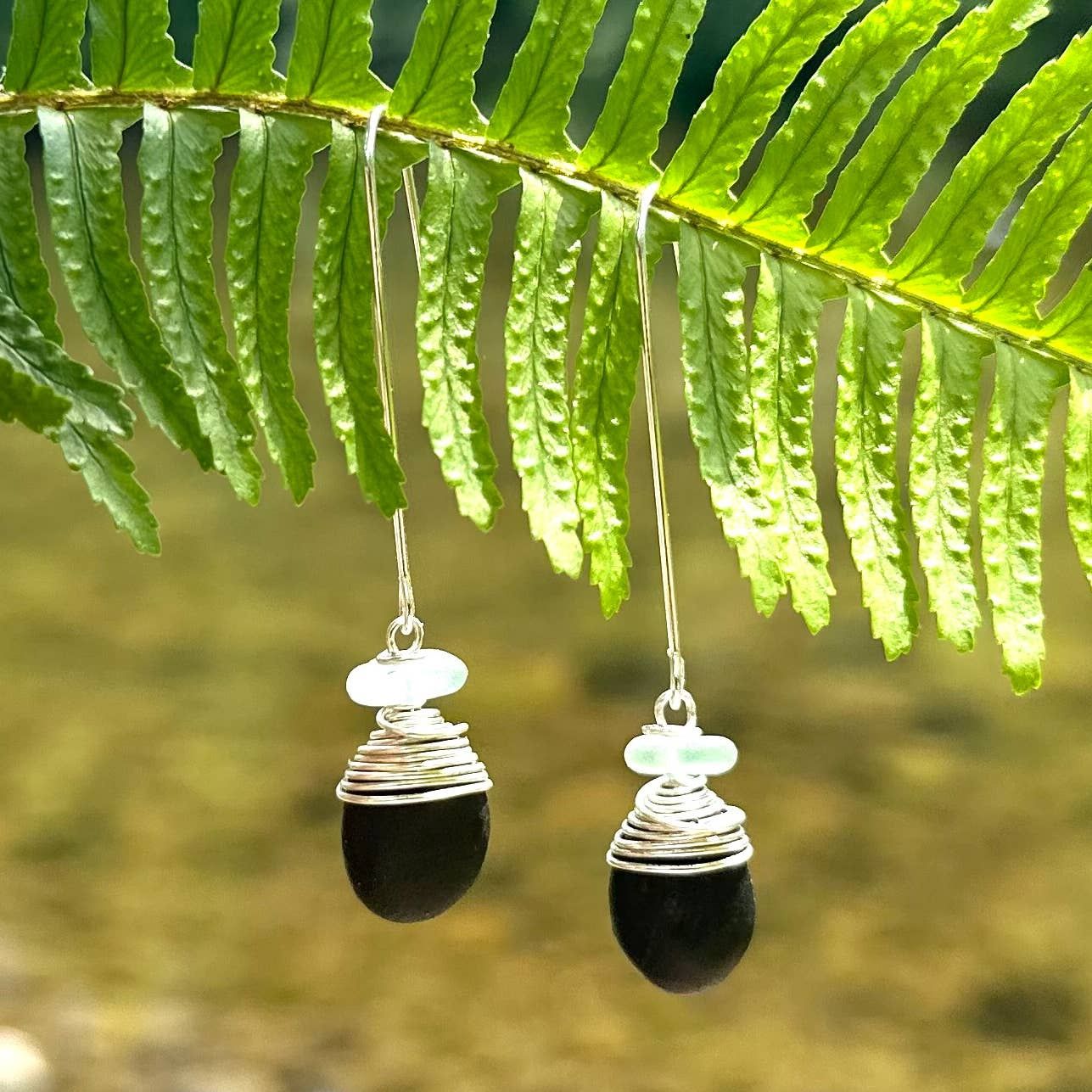Long Black Stone and Glass Earrings