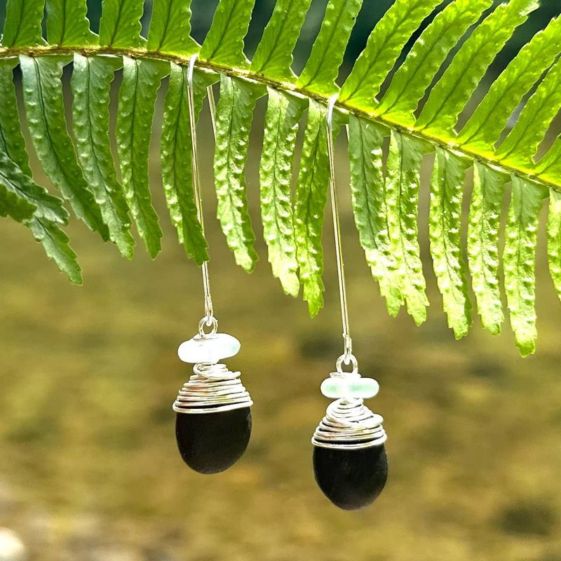 Long Black Stone and Glass Earrings