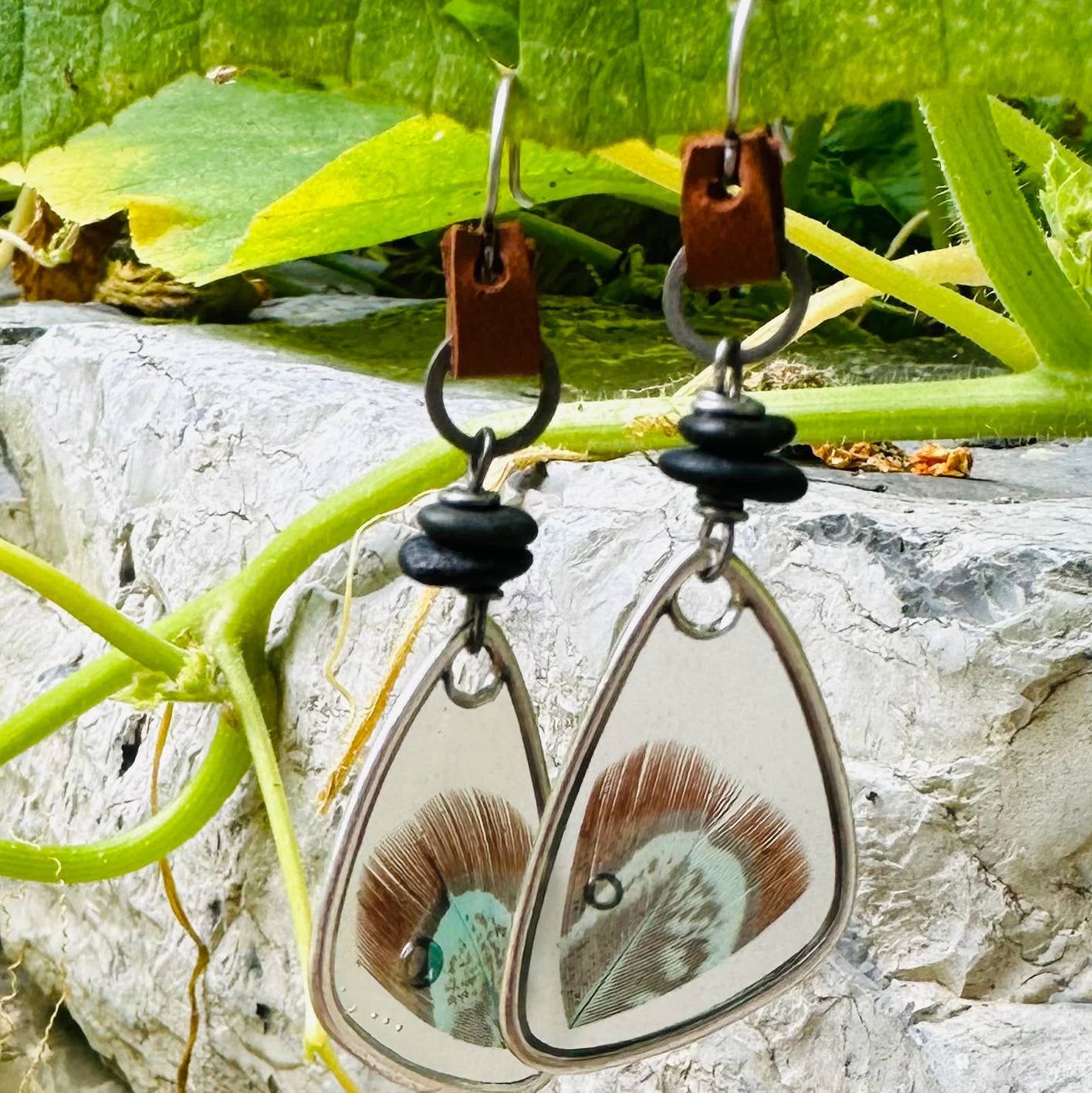 Silver Leather Rock Feather Extravaganza Earrings