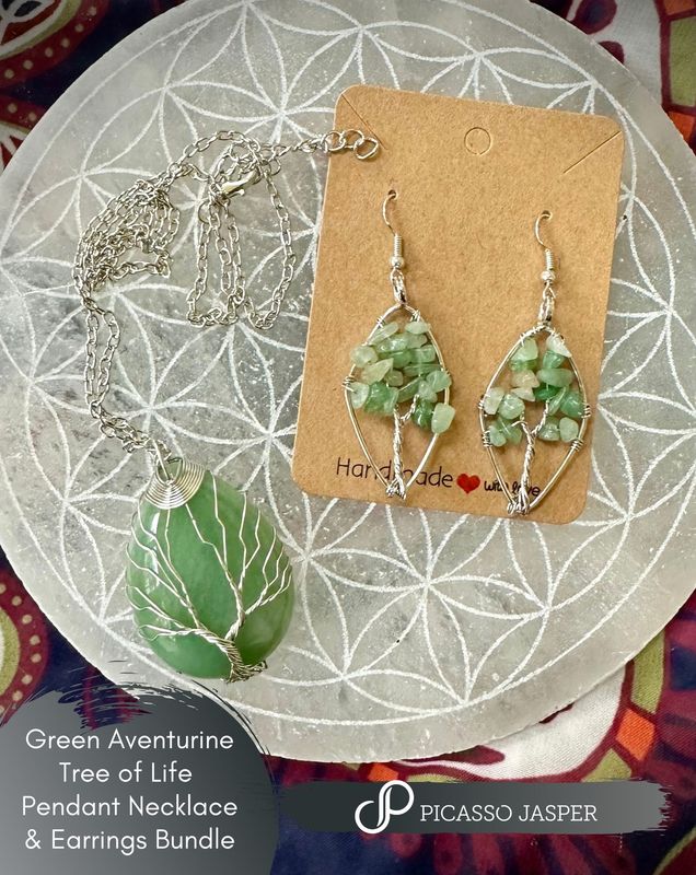 Green Aventurine, Tree of Life Pendant &amp; Earring Bundle