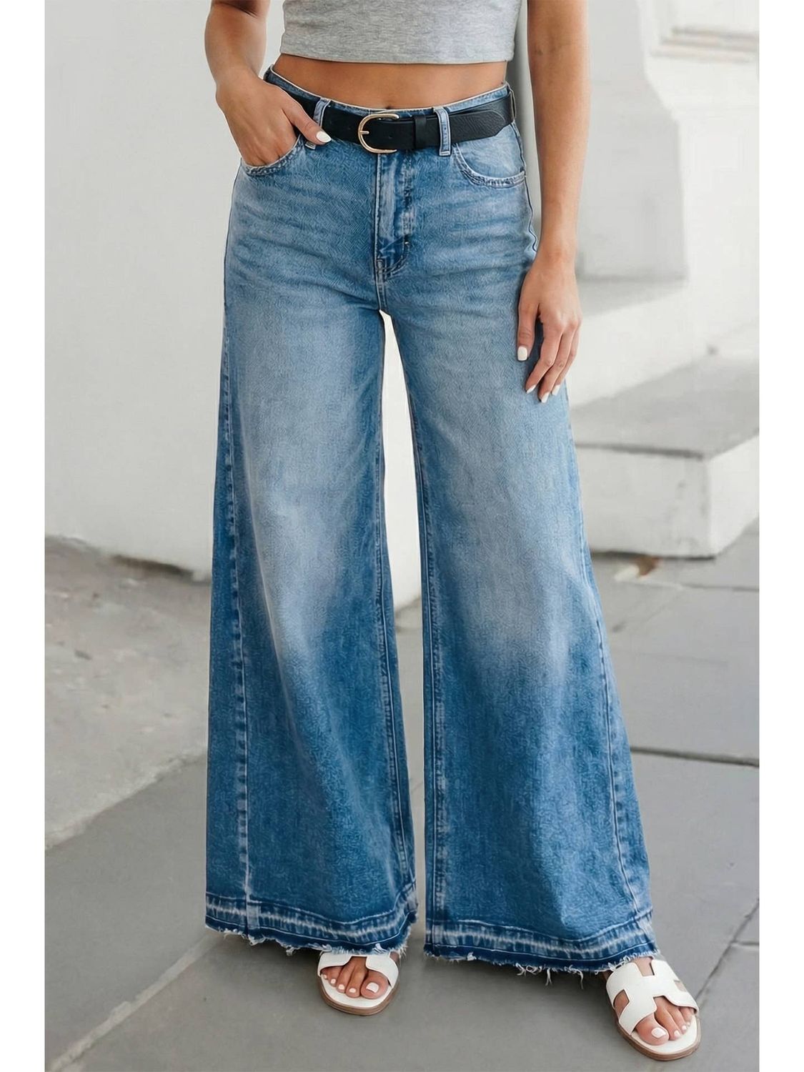 Solid High Rise Wide Leg Jeans
