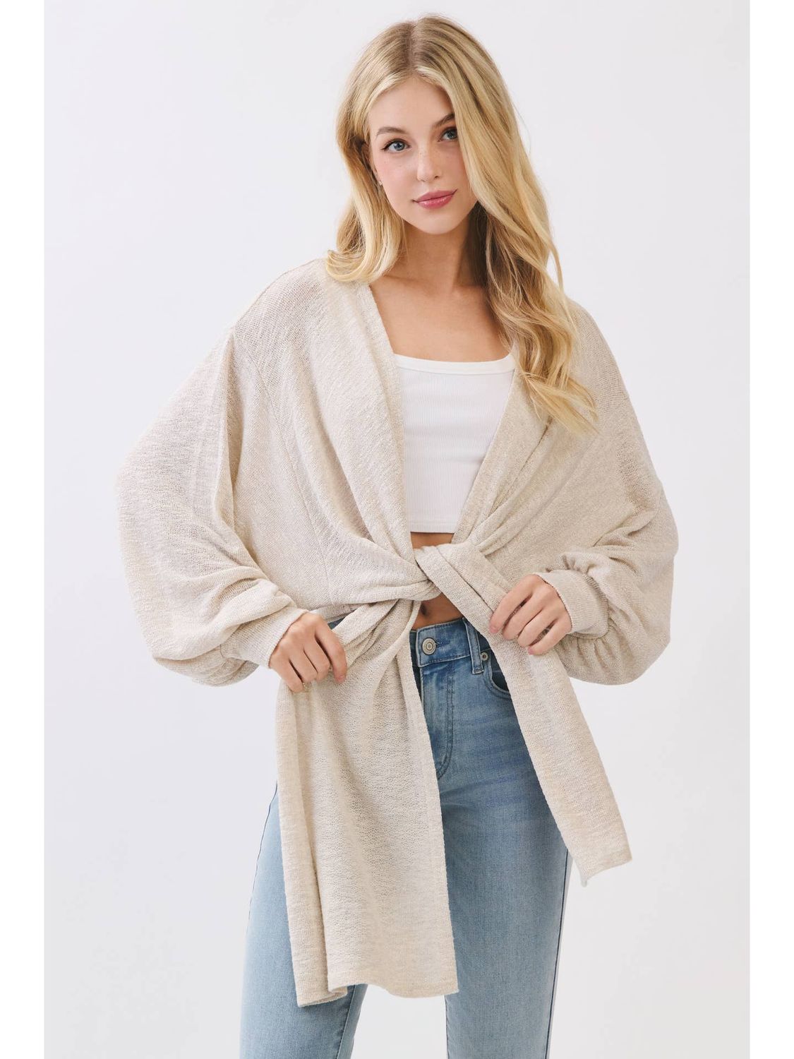 Knit Oversized Tie Front Top Cardigan, Color: Oatmeal Gray, Size: S